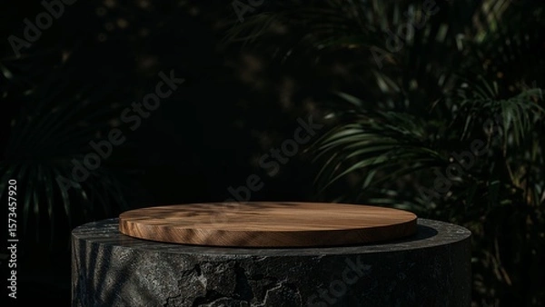 Fototapeta Luxury Wooden Display Platform on Dark Stone Base with Tropical Background