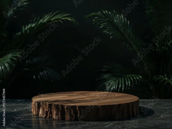 Fototapeta Luxury Wooden Display Platform on Dark Stone Base with Tropical Background