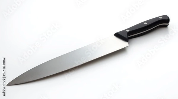 Obraz Sharp chef's knife with black handle isolated on white background