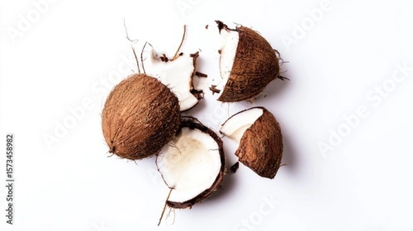 Obraz A top-down, photorealistic capture of a cracked coconut, showcasing its tough outer shell and refreshing white fruit in a stunning, organic composition. white background
