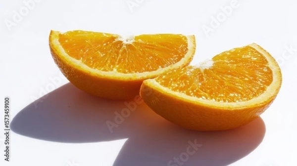 Obraz Vibrant slices of a juicy orange, radiating freshness and natural sweetness, captured in a close-up shot. The inviting image showcases the fruit's bright color and texture. white background
