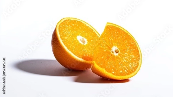 Obraz Two vibrant orange halves, freshly cut to reveal juicy segments, casting a soft shadow on a seamless field. white background