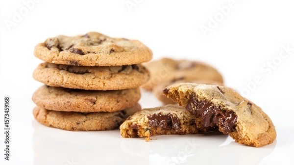 Obraz A stack of delicious chocolate chip cookies, one broken open to reveal the melty chocolate chunks, sits invitingly on a table. white background