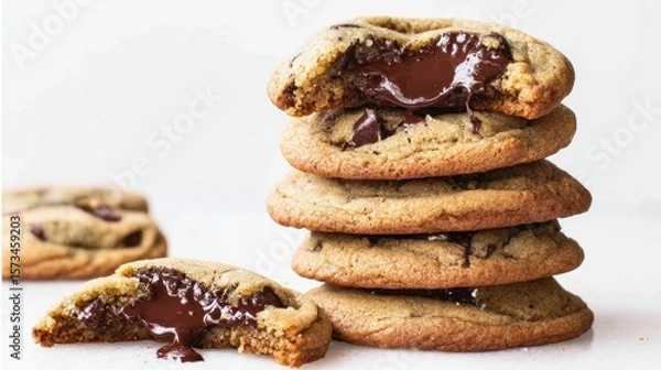 Obraz Indulge in the irresistible charm of these soft, gooey chocolate chip cookies, perfectly stacked and inviting. A close-up shot reveals their melty chocolate center. white background