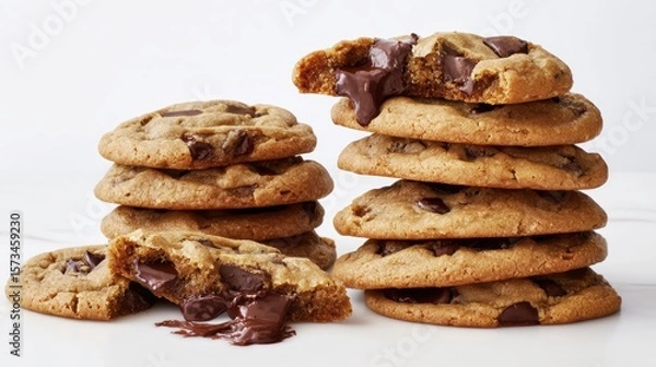 Obraz Delectable chocolate chip cookies, their golden-brown exteriors contrasting with the rich, molten chocolate centers. A close-up shot showcasing the textures of homemade treats. white background