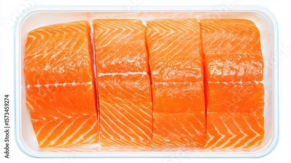 Obraz Four slices of fresh salmon fillets, vibrantly colored and neatly arranged in a plastic tray, showcase their readiness for a nutritious and delicious meal. white background