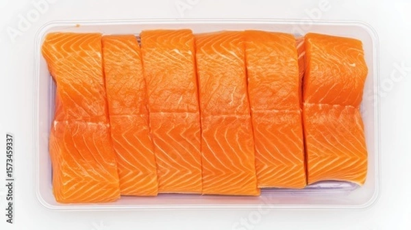 Obraz Freshly cut salmon fillets arranged in a clear tray, showcasing the vibrant orange hue and intricate textures of the raw fish. white background
