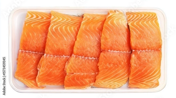Obraz Fresh salmon fillets are neatly arranged in a tray, showcasing the vibrant orange hue and appealing texture of this popular seafood choice, white background
