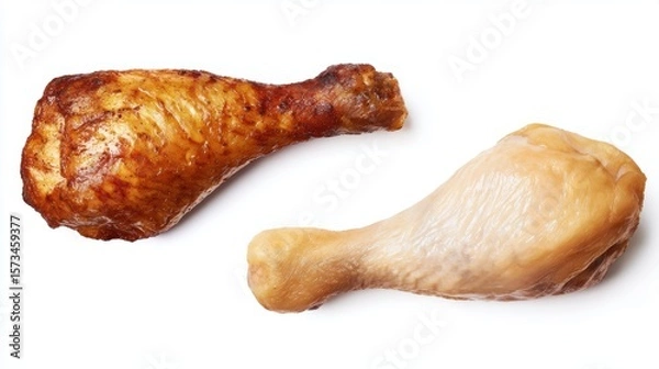 Obraz A pair of succulent roasted chicken leg alongside a raw chicken leg, a classic culinary image of contrast. Showing the difference of how to cook the chicken leg, white background