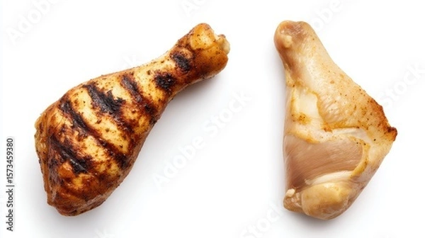 Obraz Two flavorful chicken drumsticks, one grilled to perfection with enticing char marks, the other golden-brown and crispy, sit side by side, white background
