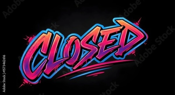 Fototapeta Vibrant closed sign with graffiti lettering. Street art style with neon gradient colors on a dark background. Business status concept.