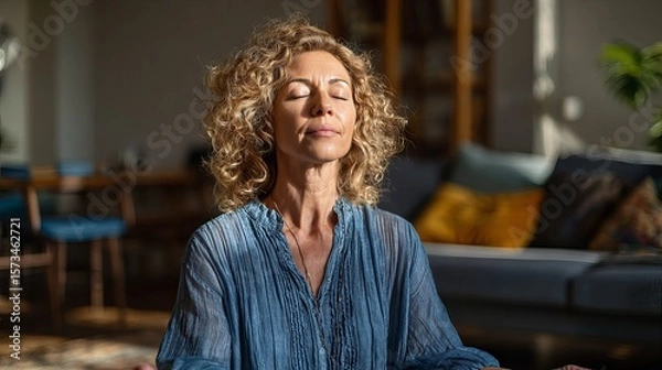 Fototapeta Serene middle-aged woman meditating indoors with sunlight streaming in, embodying mindfulness and inner peace in a calming setting