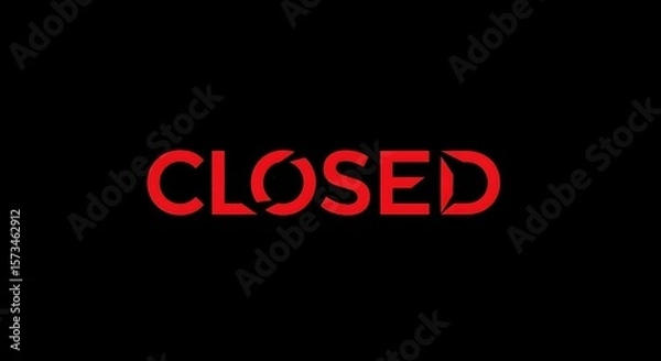 Fototapeta Red closed word text with lock icon isolated on black background. Letter O has a circular lock shape. Business shop or office sign board concept.