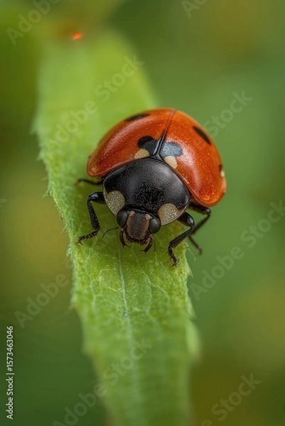 Fototapeta Ultra-Realistic Macro Photo of Ladybug on Green Leaf with Vivid Red Shell