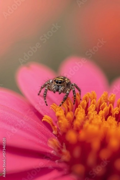 Fototapeta Macro Photo of Colorful Spider on Flower Petal with Pastel Bokeh Background