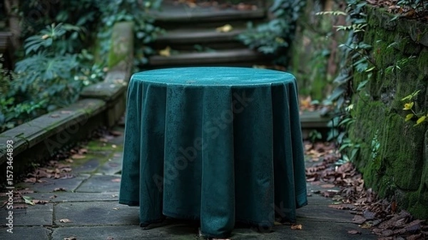 Fototapeta Emerald tablecloth-draped round table on stone path. Steps and greenery background