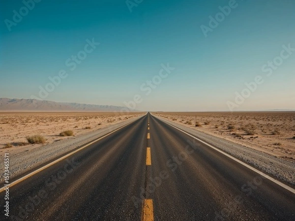 Fototapeta Minimalist Desert Highway Vanishing Into Horizon with Heat Haze and Sparse Vegetation