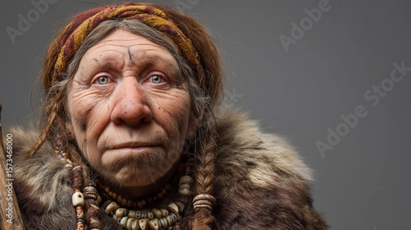 Fototapeta Portrait of a Neanderthal Woman Depicting Ancient Human Features and Cultural Attire in a Neutral Setting
