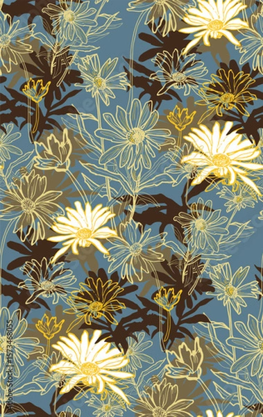 Fototapeta Earth tones wild flowers seamless pattern drawn by hand. Vector summer endless design in freehand style for textile, fabric, wallpaper, home decor, bedding, package.