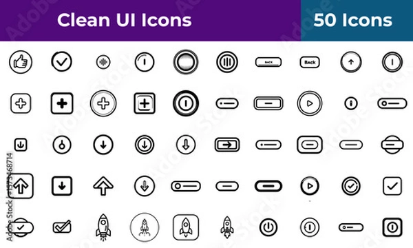 Fototapeta A collection of fifty clean user interface icons displayed in a grid pattern on a transparent background