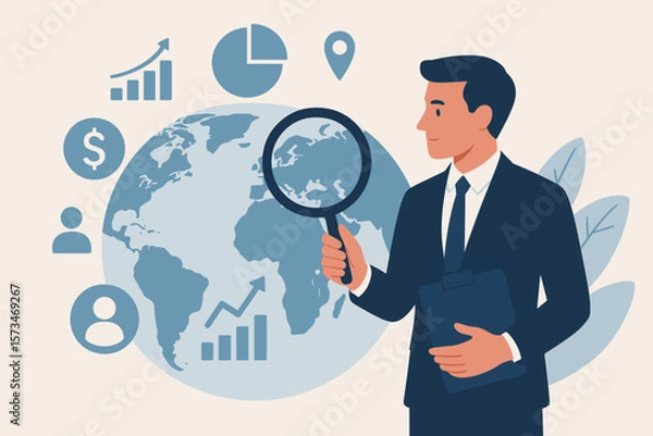 Fototapeta Global economic analysis for international work or investment. Businessman researches overseas market, country risk, and foreign career. Global business strategy concept vector.