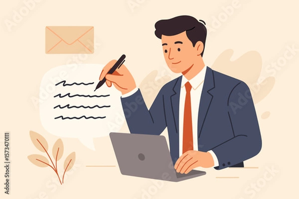 Fototapeta Written communication skills for business success. Businessman writing email on laptop. Concept of professional correspondence, messaging, content creation, copywriting.