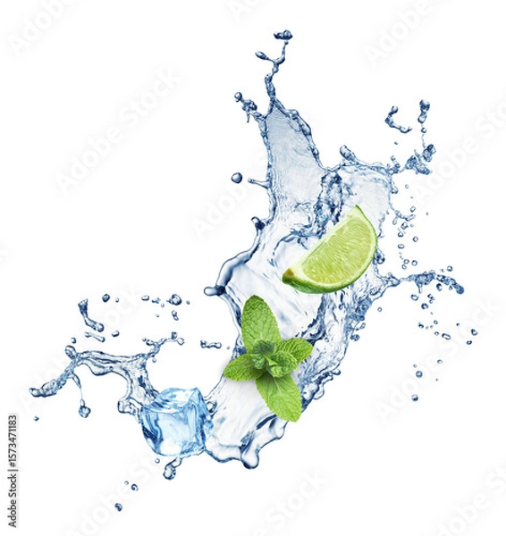 Fototapeta Refreshing Splash of Water With Lime, Mint Leaves, and Ice Cubes