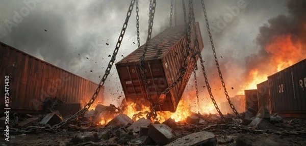 Fototapeta Large red cargo container breaking free from chain in massive explosion. Chain and container center stage against dramatic fiery backdrop. Red and black colors, fire and smoke, danger and urgency.