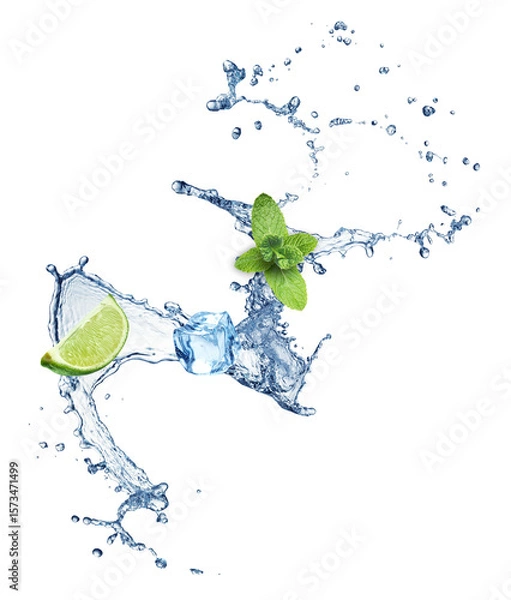 Fototapeta Refreshing Splash of Water With Lime, Mint Leaves, and Ice Cubes