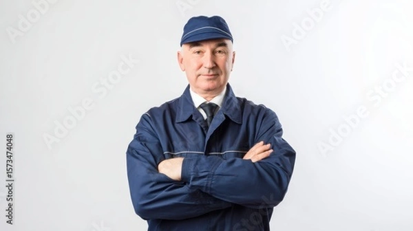Obraz An industrial worker poses confidently with folded arms, showcasing the dignity and dedication of skilled labor in a clean, professional setting.