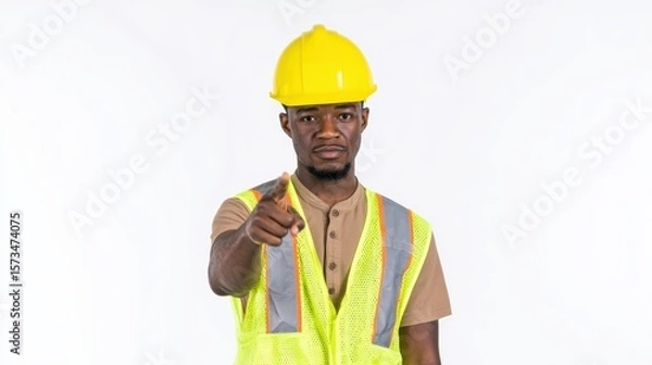 Obraz A determined construction worker in safety attire directs attention with a pointed gesture, conveying authority and precision.