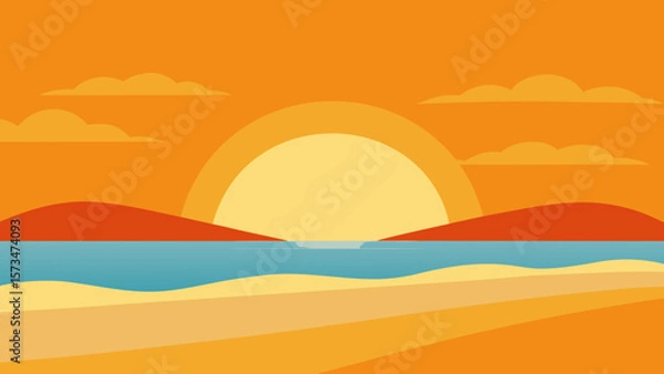 Fototapeta Tropical sunset over the ocean, painting the sky orange with a summer wave on the sandy beach