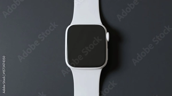 Obraz A modern smartwatch with sleek design lies centered on a dark surface, offering a blank screen for versatile use, blending technology and minimalism.