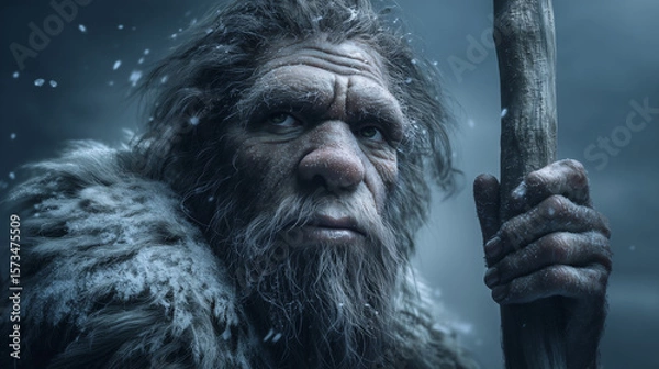 Fototapeta Portrait of a Neanderthal Man Standing in a Wintry Landscape With a Wooden Staff in Hand