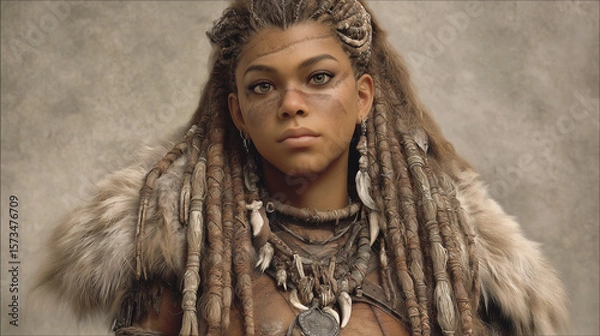 Fototapeta Portrait of a Neanderthal Woman Showcasing Traditional Features and Attire in a Prehistoric Setting