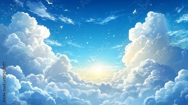 Obraz Cloud filled sky, sun peek,  high angle view, serene