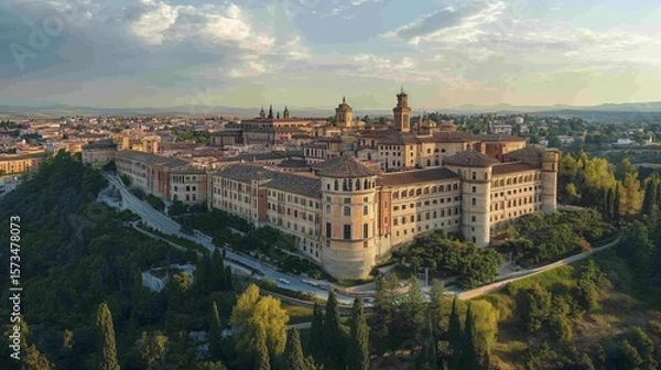 Obraz Aerial view of Italian university town, golden hour, historical buildings, rolling hills