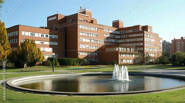 Obraz Sunny hospital grounds with fountain and park