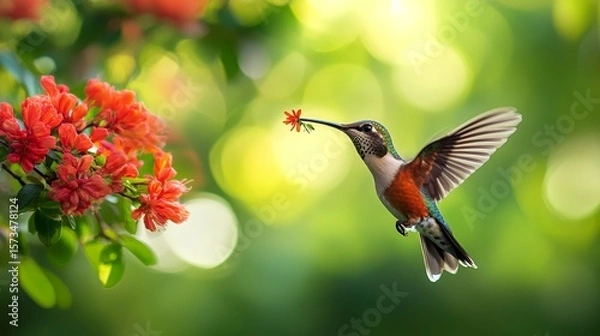 Obraz Hummingbird in flight feeding on flower, vibrant garden setting