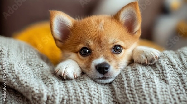 Obraz Adorable puppy resting on cozy blanket, home interior