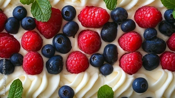 Obraz Creamy dessert topped with raspberries, blueberries, and mint