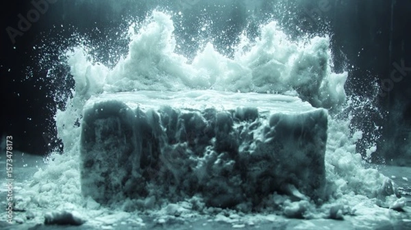 Obraz Icy cube pedestal erupts with white foam, dark studio backdrop