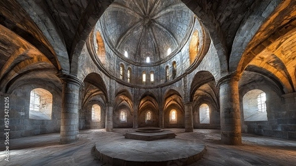 Obraz Ancient stone church interior, sunlit dome, empty space