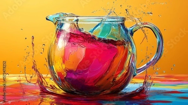 Obraz Colorful liquid splashing glass pitcher, vibrant background