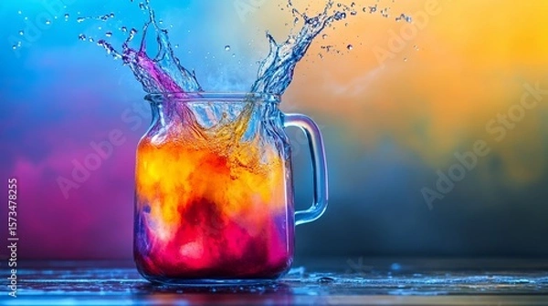 Obraz Colorful drink splash in mason jar, vibrant lighting,  background bokeh.  Use Beverage advertisement