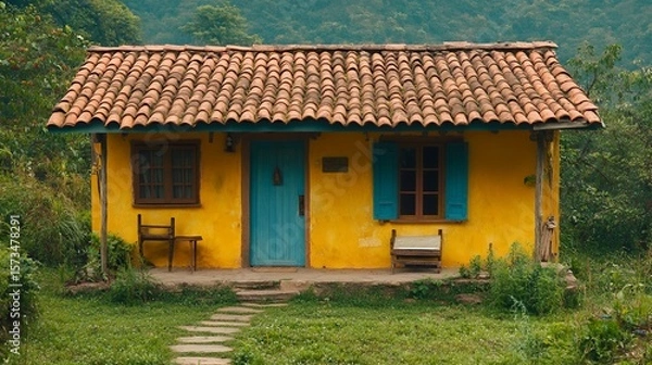 Obraz Yellow Cottage on Stone Path in Lush Mountains
