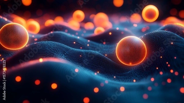 Obraz Abstract glowing orange spheres flowing over dark waves of connected dots. Background  sparkling particles. Use scientific, medical, or technology background