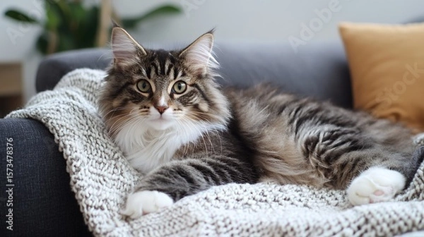 Obraz Fluffy Norwegian Forest Cat resting on cozy couch