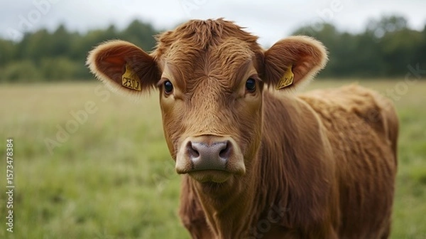 Obraz Brown cow portrait in grassy field, overcast day