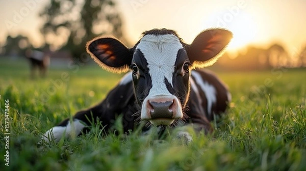 Obraz Cows resting in pasture at sunset